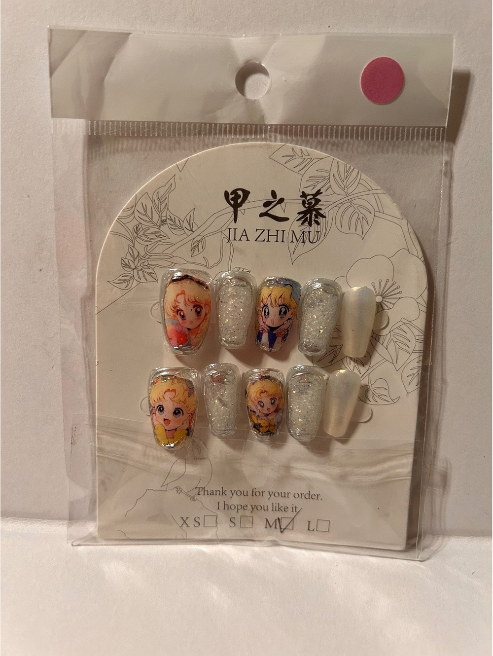 JIA ZHI MU Cartoon Character Glitter Silver Press-On Water Nails Set